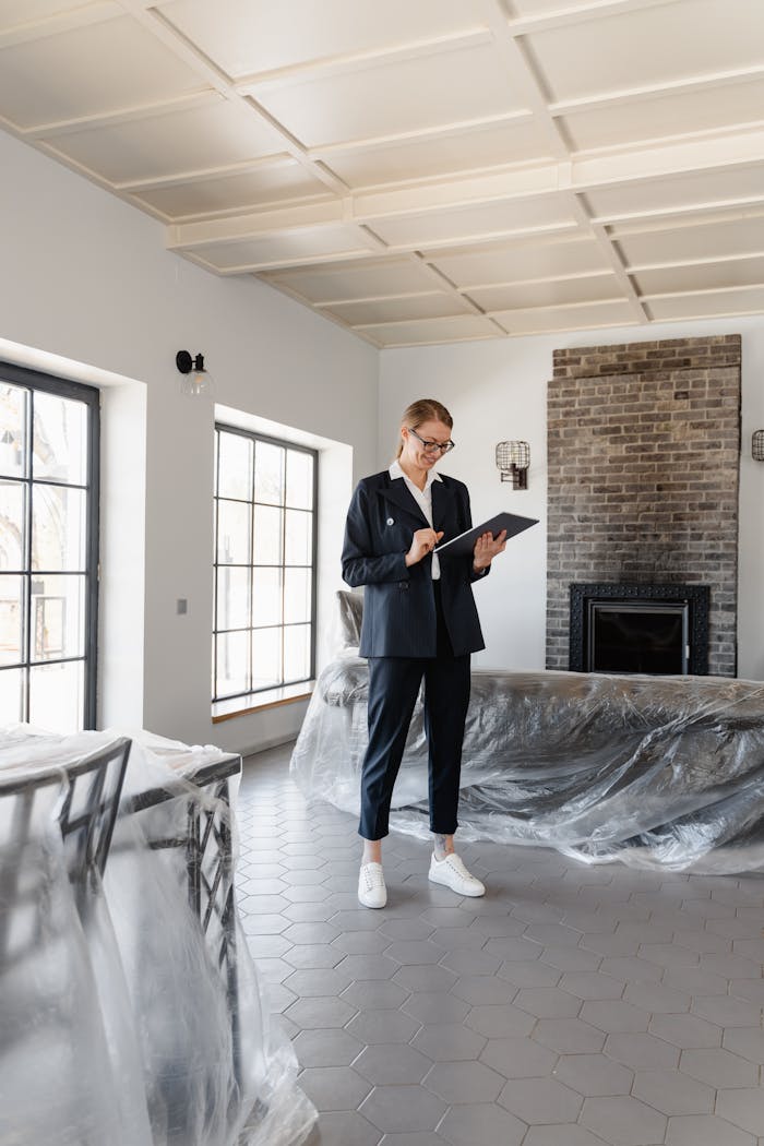 our-experience Real estate agent in a suit reviewing paperwork inside a newly renovated home.